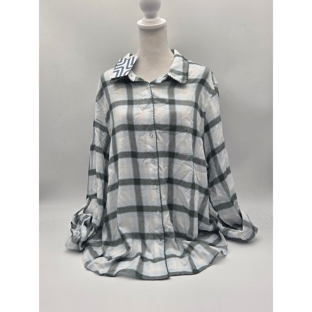 Market & Spruce Women's XXL Gray White Plaid Rayon Button Up Shirt 101-377